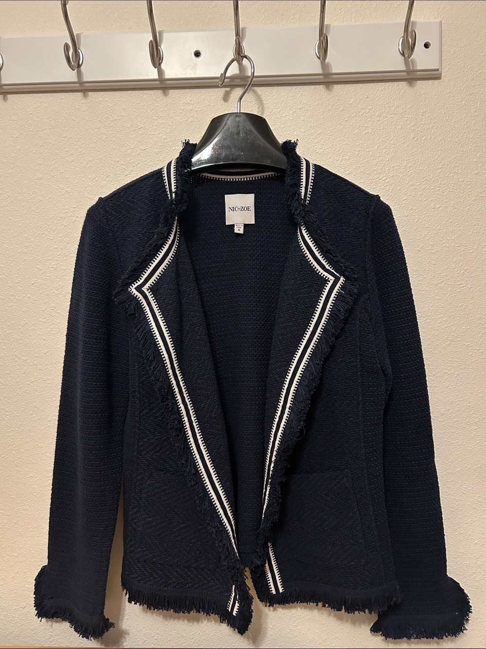 NIC+ZOE Navy Blazer with White Trim and Fringe